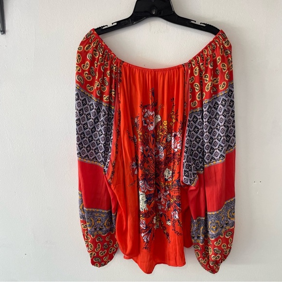 Free People Red Orange Positano Printed Blouse Top 37617 - Picture 3 of 10